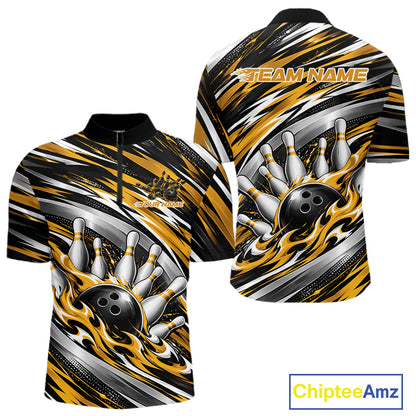 Custom Black And Gold Flame Bowling Shirt For Men, Bowling Team Jersey Quarter Zip Shirt IPHW12410