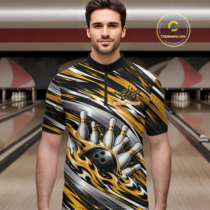 Custom Black And Gold Flame Bowling Shirt For Men, Bowling Team Jersey Quarter Zip Shirt IPHW12410