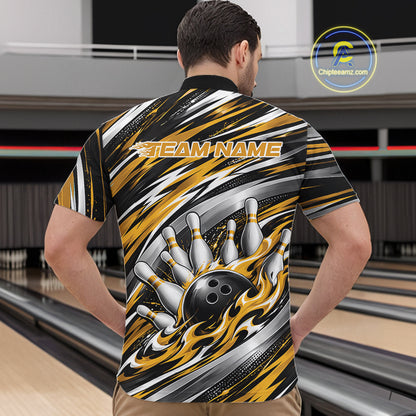 Custom Black And Gold Flame Bowling Shirt For Men, Bowling Team Jersey Quarter Zip Shirt IPHW12410