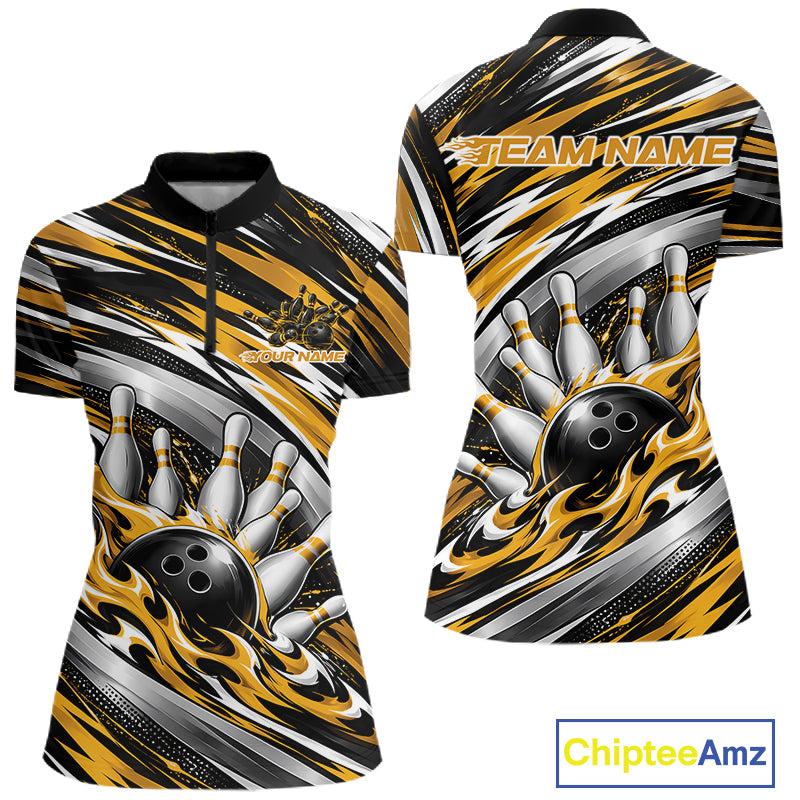 Custom Black And Gold Flame Bowling Shirt For Women, Bowling Jersey Quarter-Zip Shirt IPHW12410
