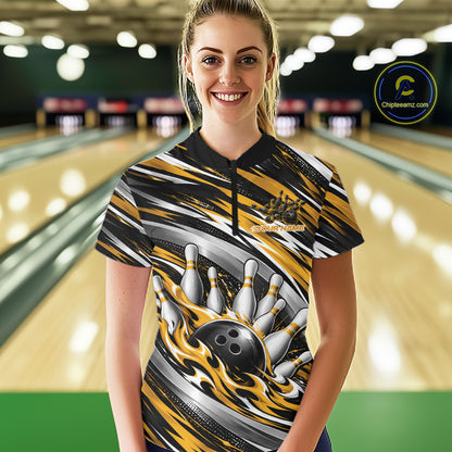 Custom Black And Gold Flame Bowling Shirt For Women, Bowling Jersey Quarter-Zip Shirt IPHW12410