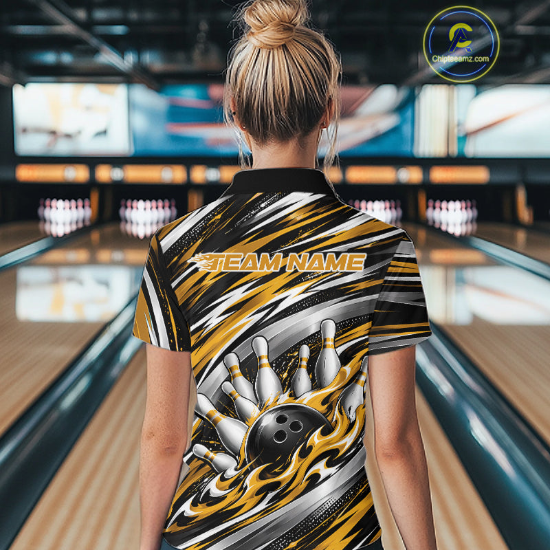 Custom Black And Gold Flame Bowling Shirt For Women, Bowling Jersey Quarter-Zip Shirt IPHW12410