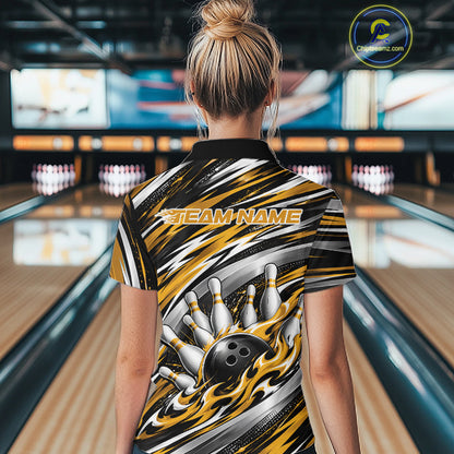 Custom Black And Gold Flame Bowling Shirt For Women, Bowling Jersey Quarter-Zip Shirt IPHW12410