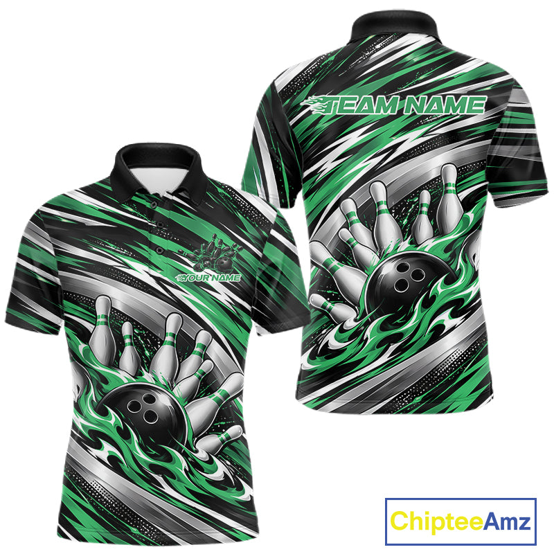 Custom Black And Green Flame Bowling Shirt For Men, Bowling Team Jersey Polo Shirt IPHW12411