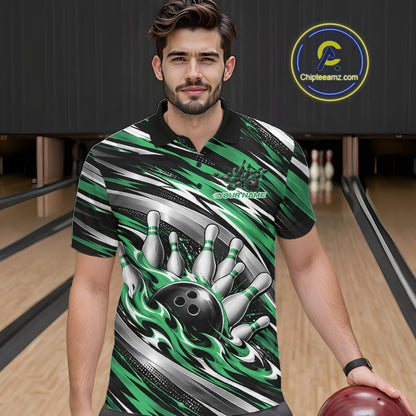 Custom Black And Green Flame Bowling Shirt For Men, Bowling Team Jersey Polo Shirt IPHW12411
