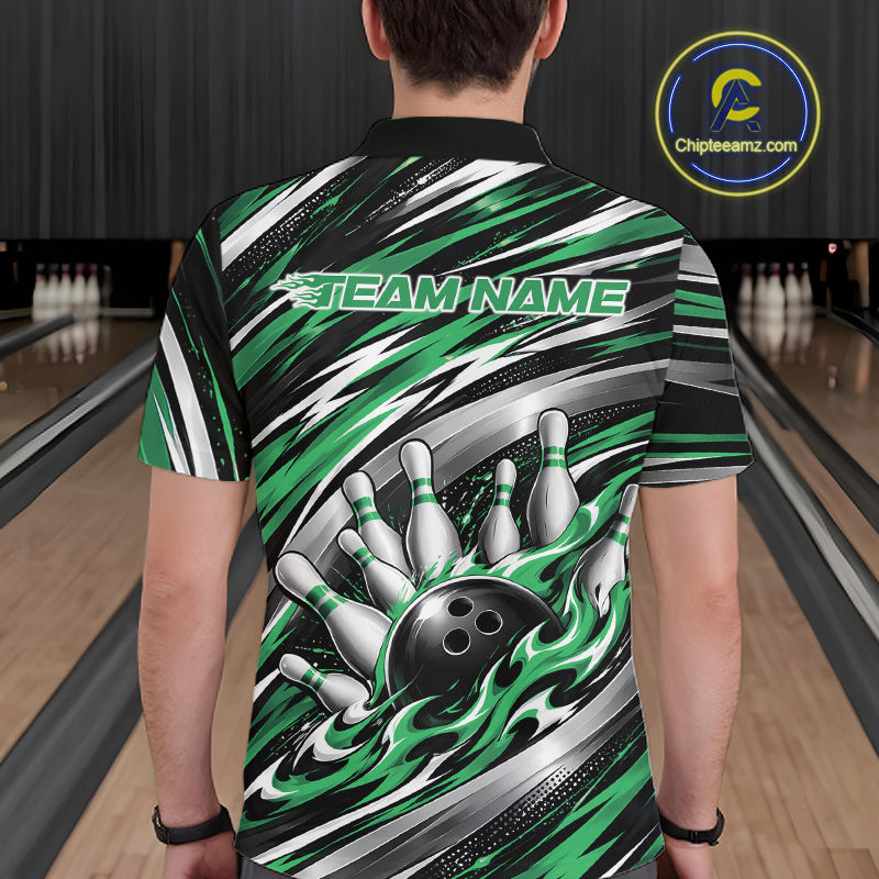 Custom Black And Green Flame Bowling Shirt For Men, Bowling Team Jersey Polo Shirt IPHW12411