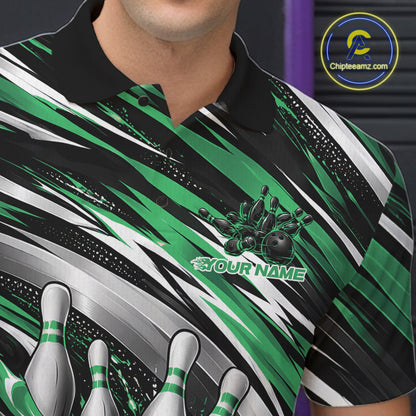 Custom Black And Green Flame Bowling Shirt For Men, Bowling Team Jersey Polo Shirt IPHW12411