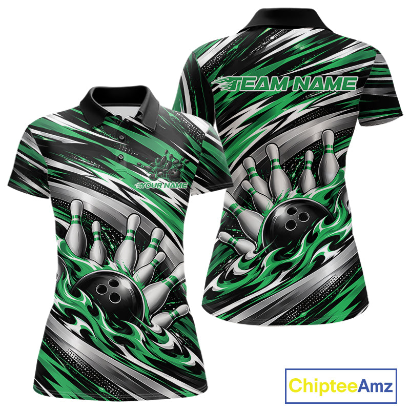 Custom Black And Green Flame Bowling Shirt For Women, Bowling Team Jersey Polo Shirt IPHW12411