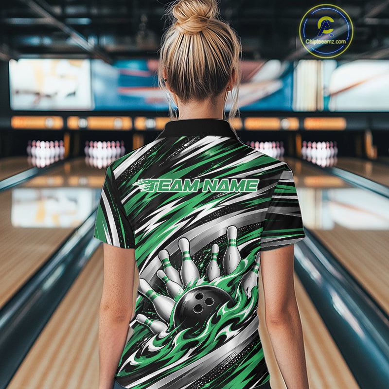 Custom Black And Green Flame Bowling Shirt For Women, Bowling Team Jersey Polo Shirt IPHW12411