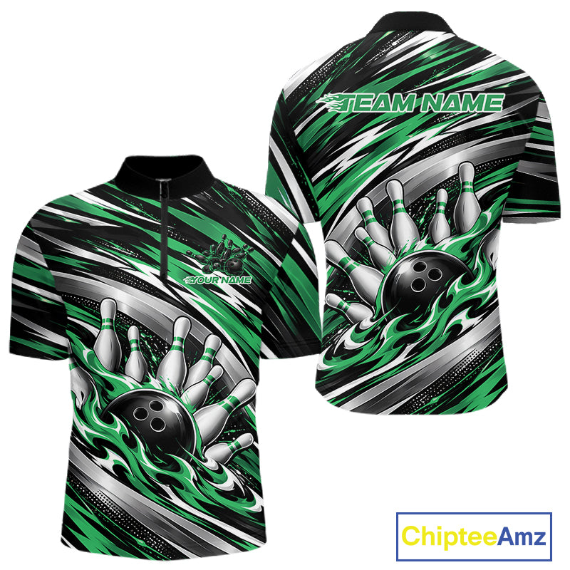 Custom Black And Green Flame Bowling Shirt For Men, Bowling Team Jersey Quarter Zip Shirt IPHW12411