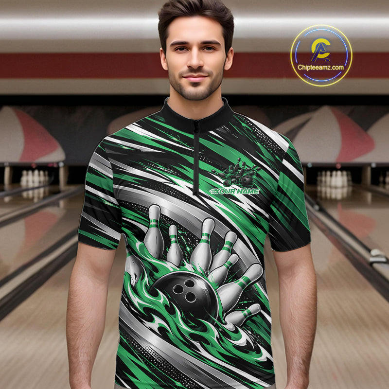 Custom Black And Green Flame Bowling Shirt For Men, Bowling Team Jersey Quarter Zip Shirt IPHW12411
