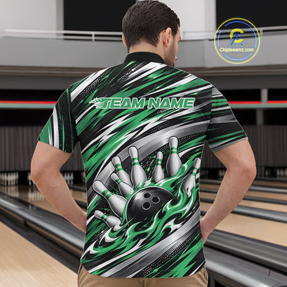 Custom Black And Green Flame Bowling Shirt For Men, Bowling Team Jersey Quarter Zip Shirt IPHW12411
