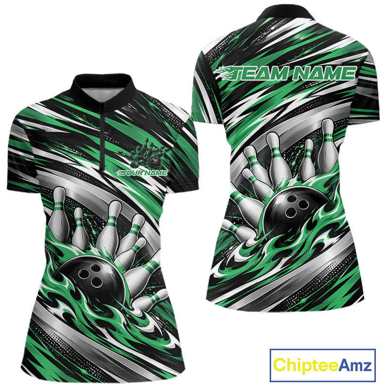 Custom Black And Green Flame Bowling Shirt For Women, Bowling Team Jersey Shirt IPHW12411