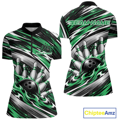 Custom Black And Green Flame Bowling Shirt For Women, Bowling Team Jersey Shirt IPHW12411