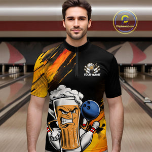 Custom Black And Yellow Funny Bowling And Beer Jerseys, Bowling Team Men Quarter-Zip Shirts IPHW9605