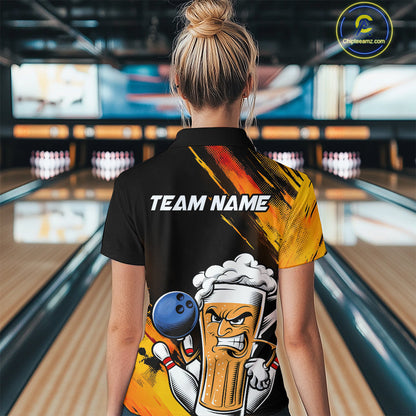 Custom Black And Yellow Funny Bowling And Beer Team Women Quarter-Zip Shirt IPHW9605