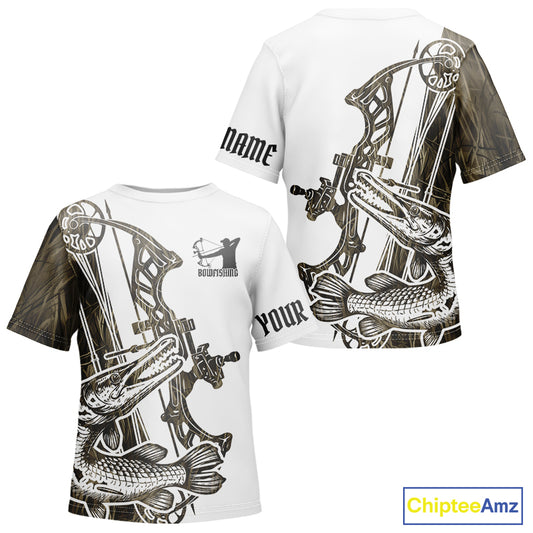 White short-sleeve Kid t-shirt shown from front and back with large PIke  fish and bow graphic print, plus customizable text placeholders and a ChipteeAmz watermark.