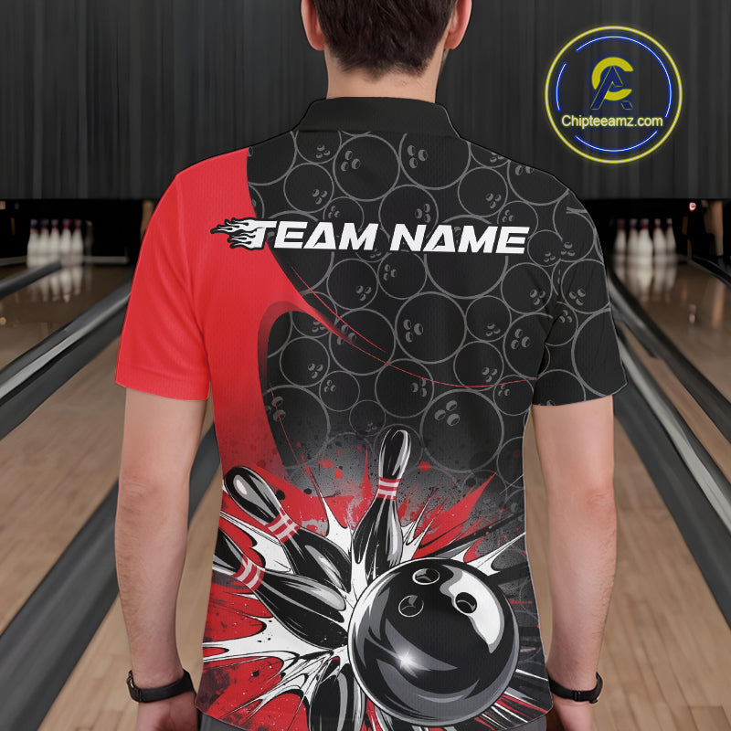 Custom Red Bowling Team Polo Shirts For Men, Bowling Pattern Bowling League Shirt IPHW9623