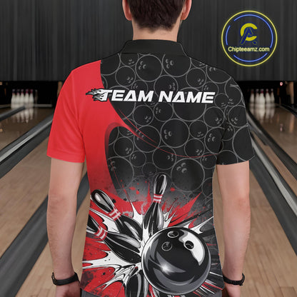Custom Red Bowling Team Polo Shirts For Men, Bowling Pattern Bowling League Shirt IPHW9623