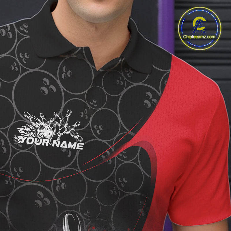Custom Red Bowling Team Polo Shirts For Men, Bowling Pattern Bowling League Shirt IPHW9623