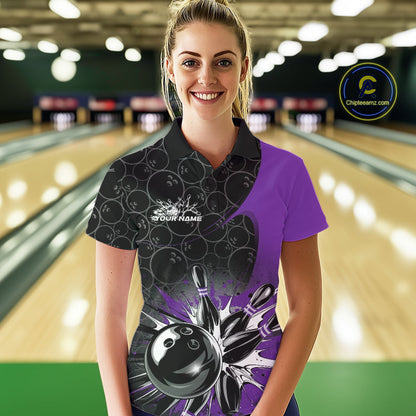 Custom Purple Bowling Team Polo Shirts For Women, Bowling Pattern Bowling League Shirt IPHW9624