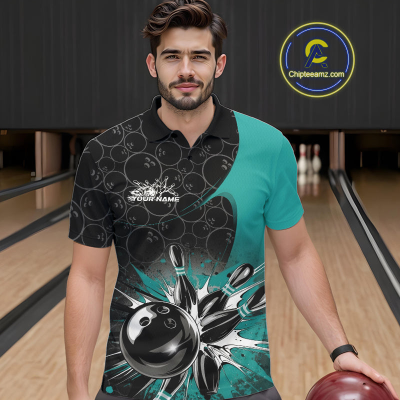 Custom Blue Bowling Team Polo Shirts For Men, Bowling Pattern Bowling League Shirt IPHW9625