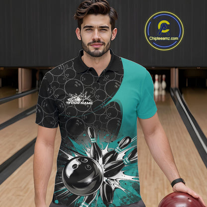 Custom Blue Bowling Team Polo Shirts For Men, Bowling Pattern Bowling League Shirt IPHW9625