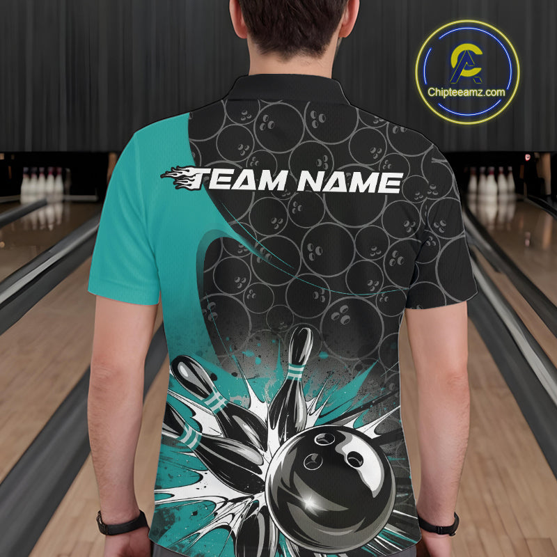Custom Blue Bowling Team Polo Shirts For Men, Bowling Pattern Bowling League Shirt IPHW9625