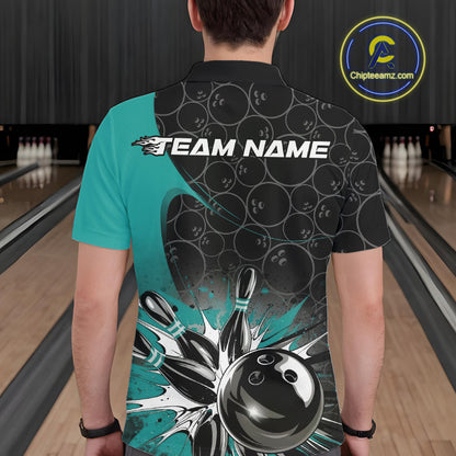 Custom Blue Bowling Team Polo Shirts For Men, Bowling Pattern Bowling League Shirt IPHW9625