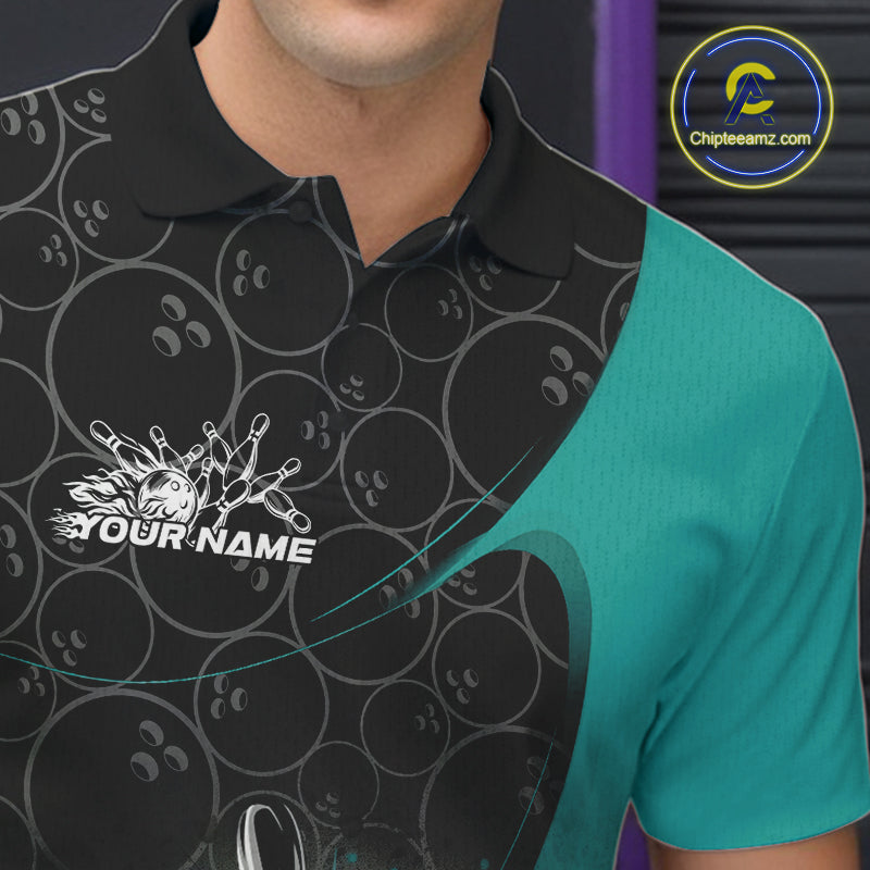 Custom Blue Bowling Team Polo Shirts For Men, Bowling Pattern Bowling League Shirt IPHW9625