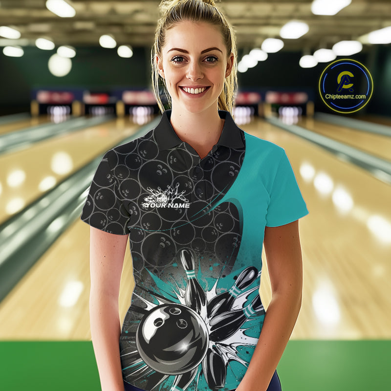 Custom Blue Bowling Team Polo Shirts For Women, Bowling Pattern Bowling League Shirt IPHW9625