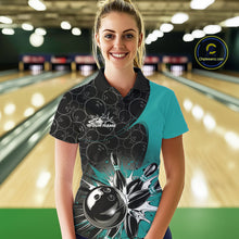 Load image into Gallery viewer, Custom Blue Bowling Team Polo Shirts For Women, Bowling Pattern Bowling League Shirt IPHW9625
