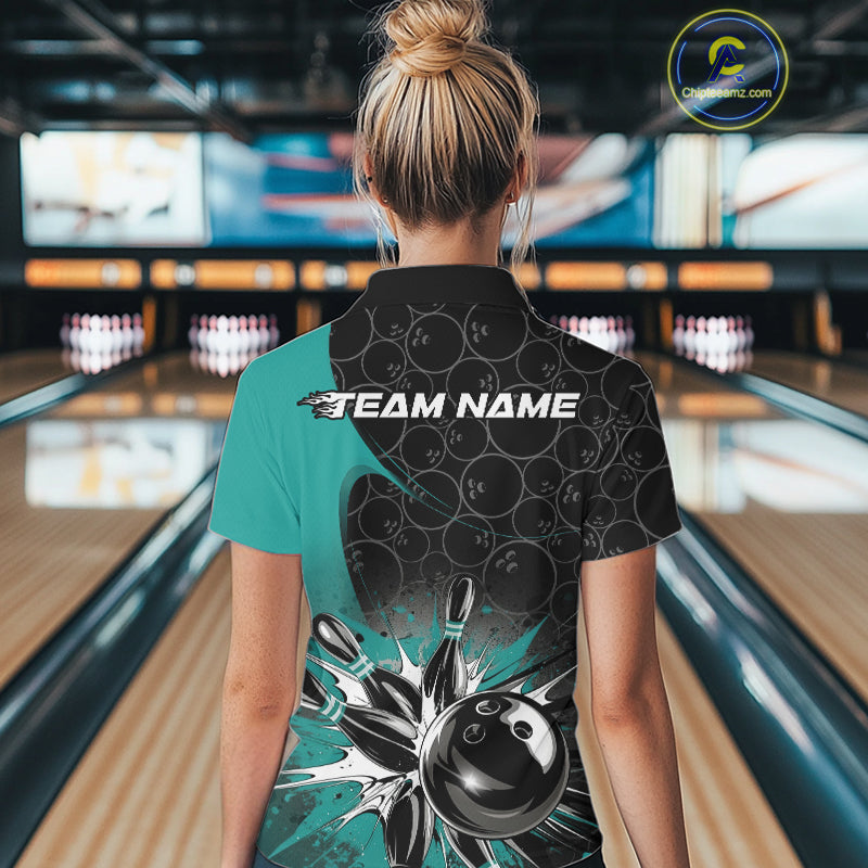 Custom Blue Bowling Team Polo Shirts For Women, Bowling Pattern Bowling League Shirt IPHW9625