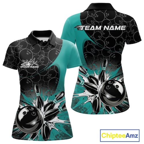 Custom Blue Bowling Team Polo Shirts For Women, Bowling Pattern Bowling League Shirt IPHW9625