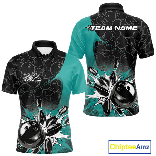 Custom Blue Bowling Team Polo Shirts For Men, Bowling Pattern Bowling League Shirt IPHW9625