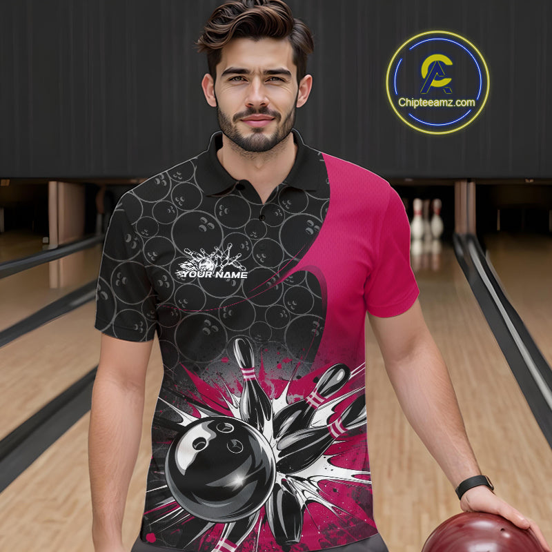Custom Pink Bowling Team Polo Shirts For Men, Bowling Pattern Bowling League Shirt IPHW9626
