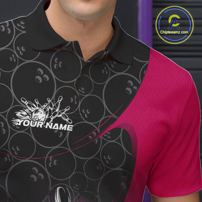 Custom Pink Bowling Team Polo Shirts For Men, Bowling Pattern Bowling League Shirt IPHW9626