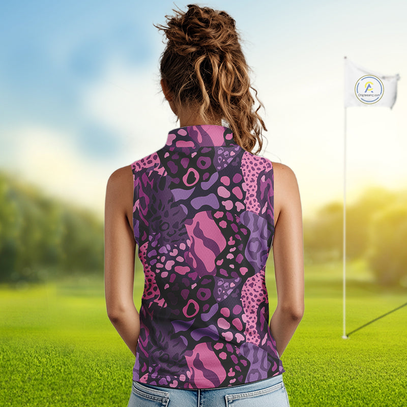 Pink and purple animal prints pattern Women Sleeveless Polo Shirt Custom ladies golf tops, golf gifts NQS10243