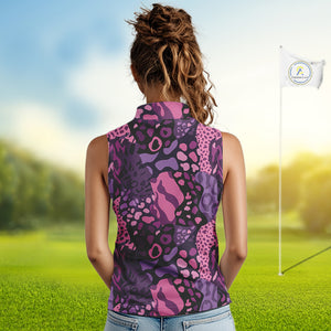 Pink and purple animal prints pattern Women Sleeveless Polo Shirt Custom ladies golf tops, golf gifts NQS10243