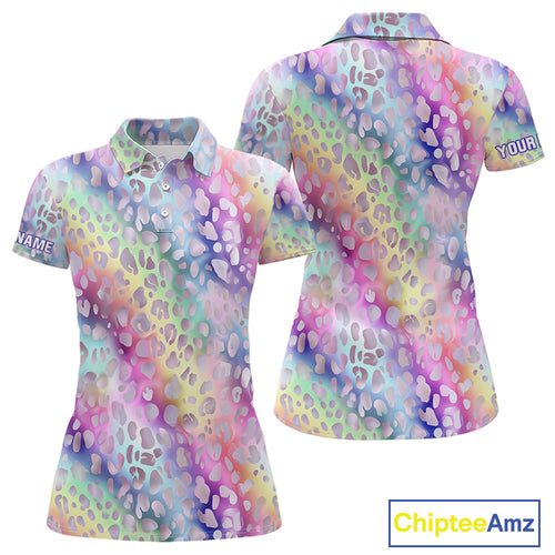 Colorful Neon Rainbow leopard pattern Women Golf Polo Shirt Custom ladies golf outfit cool golf gift NQS10244