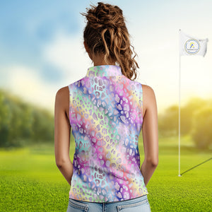 Colorful Neon Rainbow leopard pattern Women Sleeveless Polo Shirt Custom ladies golf outfit NQS10244