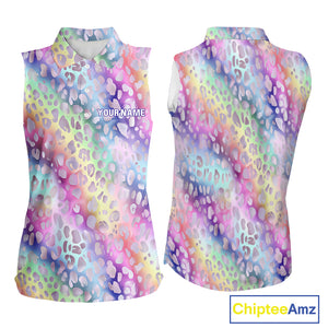 Colorful Neon Rainbow leopard pattern Women Sleeveless Polo Shirt Custom ladies golf outfit NQS10244