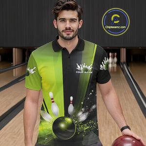 Custom Black And Green Bowling Jerseys, Glowing Motion Graphic Bowling Men Polo Shirt IPHW9443
