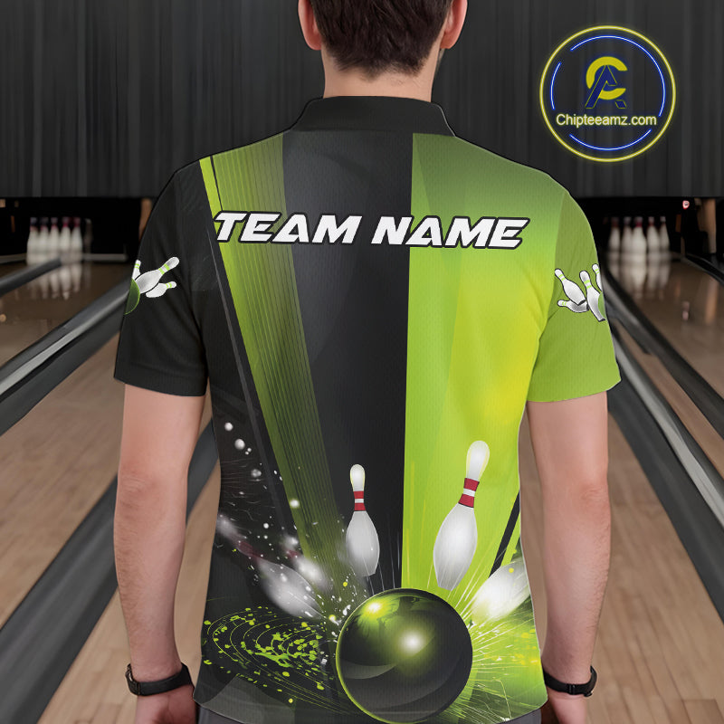 Custom Black And Green Bowling Jerseys, Glowing Motion Graphic Bowling Men Polo Shirt IPHW9443
