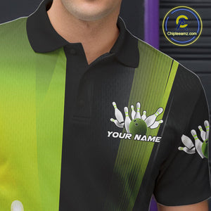 Custom Black And Green Bowling Jerseys, Glowing Motion Graphic Bowling Men Polo Shirt IPHW9443