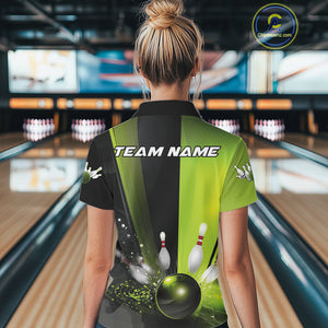 Custom Black And Green Bowling Jerseys, Glowing Motion Graphic Bowling Women Polo Shirt IPHW9443