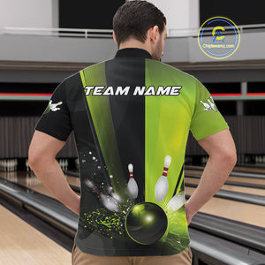 Custom Black And Green Bowling Jerseys, Glowing Motion Graphic Bowling Men Quarter-Zip Shirt IPHW9443