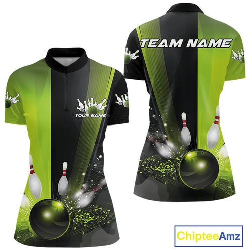 Custom Black And Green Bowling Jerseys, Glowing Motion Bowling Women Quarter-Zip Shirt IPHW9443