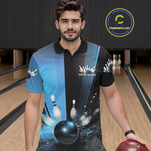 Load image into Gallery viewer, Custom Black And Blue Bowling Jerseys, Glowing Motion Graphic Bowling Men Polo Shirt IPHW9444