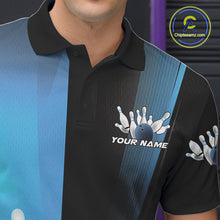 Load image into Gallery viewer, Custom Black And Blue Bowling Jerseys, Glowing Motion Graphic Bowling Men Polo Shirt IPHW9444